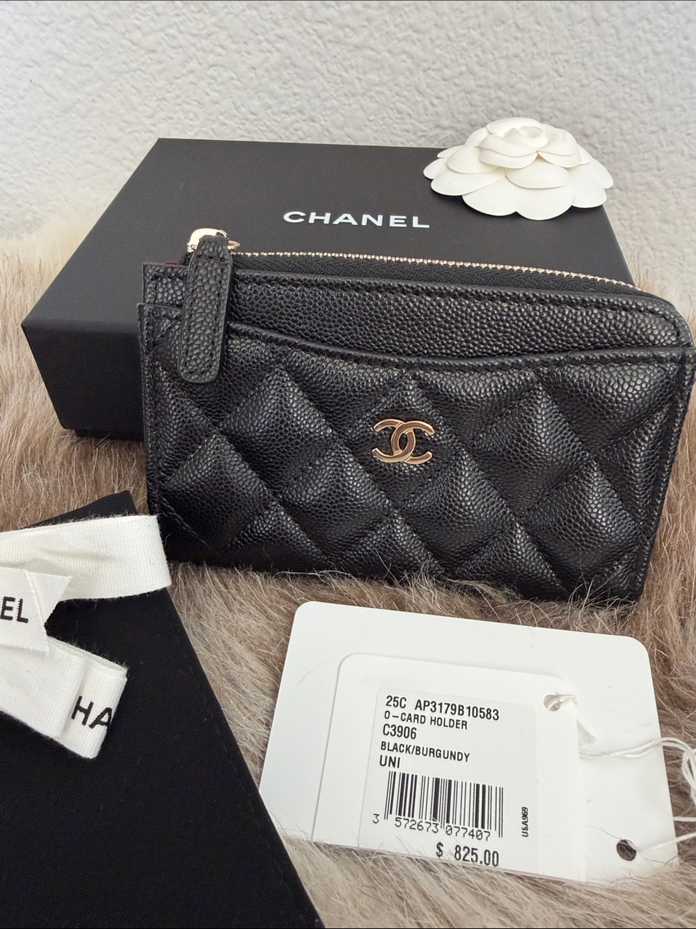 CHANEL Black Quilted Caviar Leather Card Wallet with Gold CC